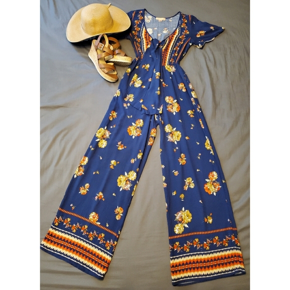 Band of Gypsies blue orange floral boho jumpsuit - Picture 2 of 9